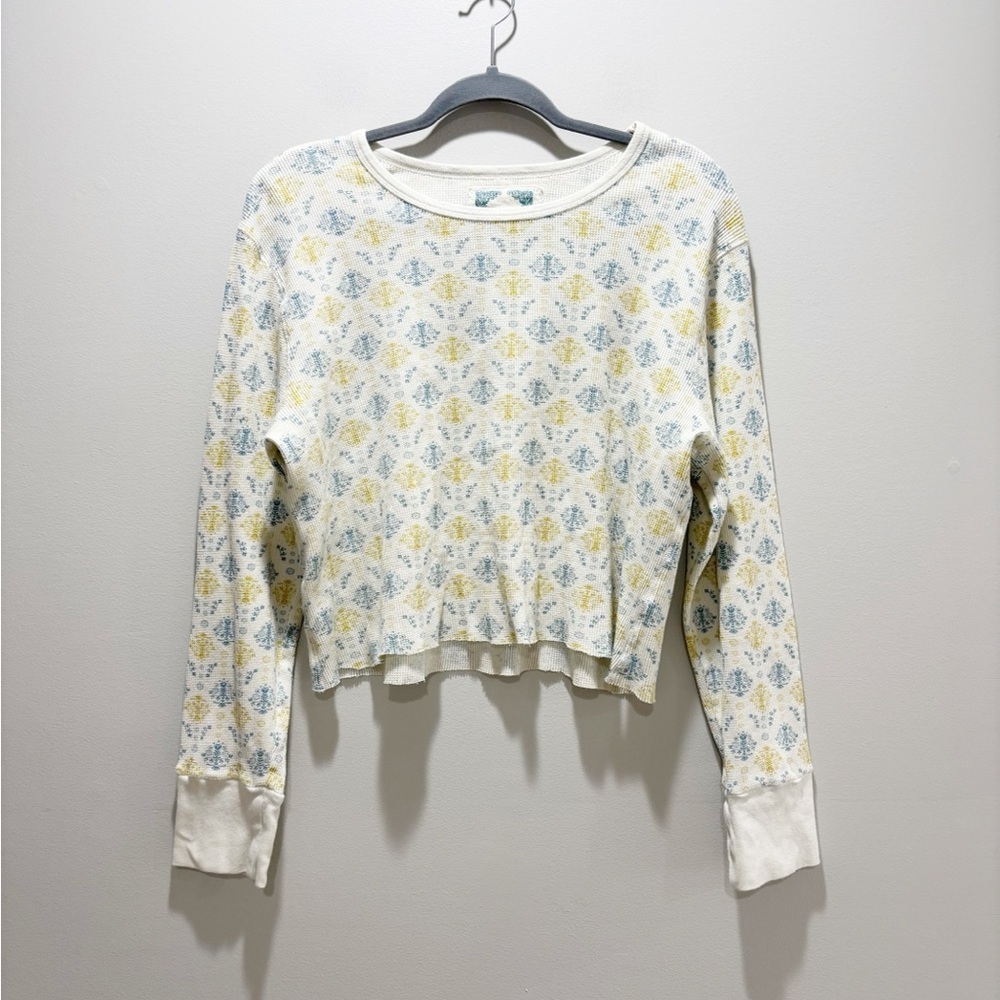 Old Navy Y2K Women’s Cream and Yellow Patterned Crop Top Thermal Waffle Sz XXL